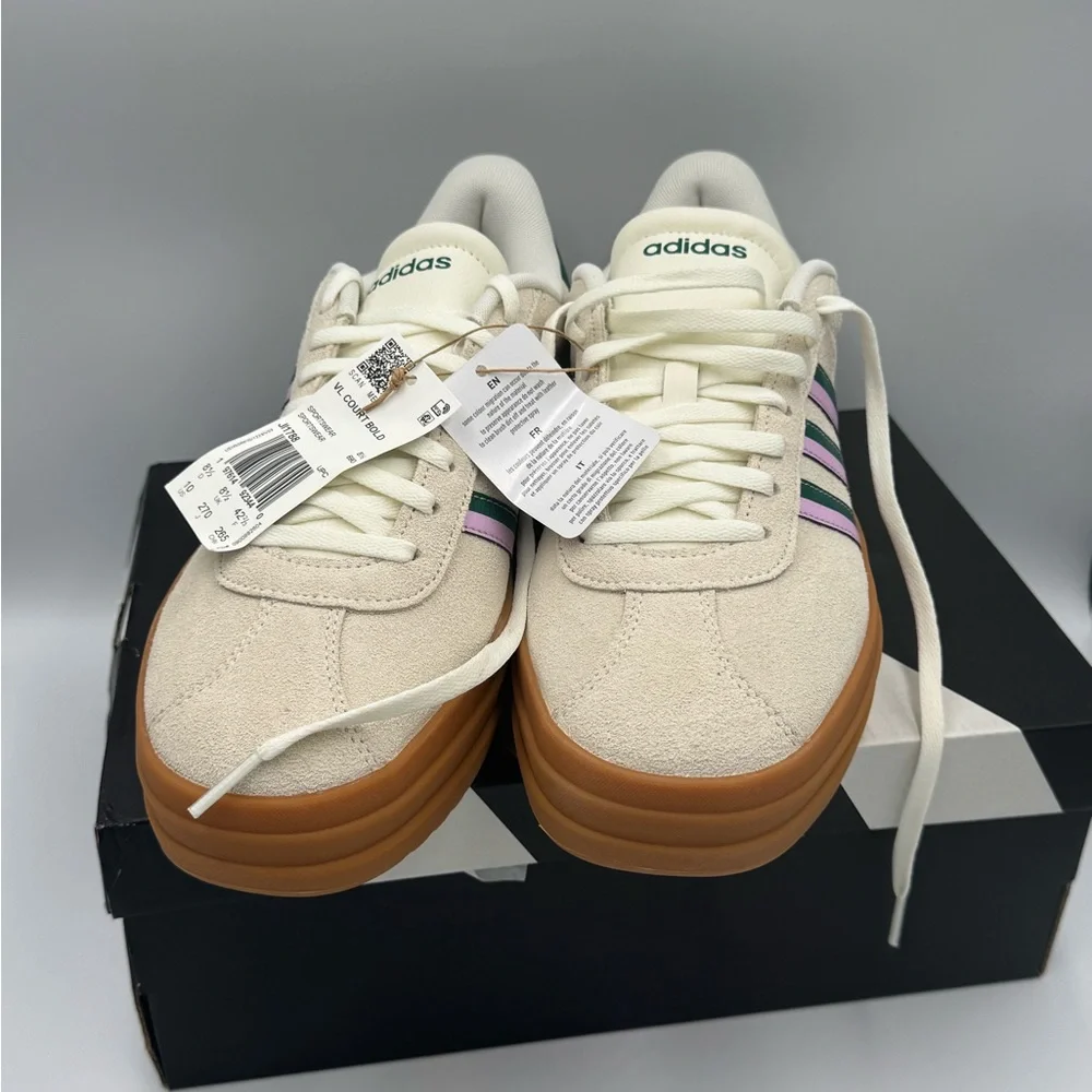 Adidas VL Court Bold Cream Sneakers with Green and Pink Stripes 10womens new - Picture 4 of 9